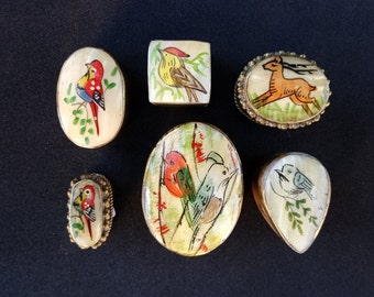 Indian nacar bird box, collection small pill boxes. Vintage India metal and shell. Original asian ancient jewelry box. Antiques collector.