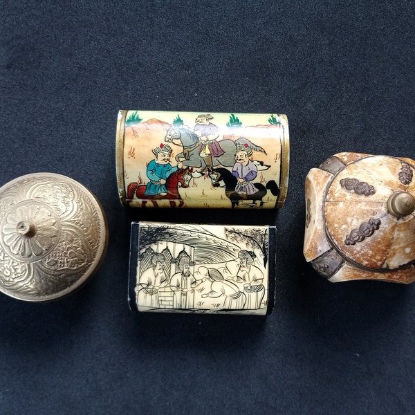 Vintage metal and bone pillbox or trinket boxes, ancient miniature box collection. Arabian or morocco style. Collector.