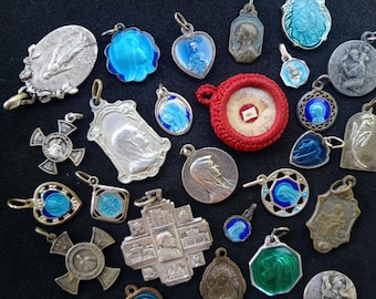 Old and vintage Spanish French metal with blue purple enamel religious medals Virgin Lourdes XIX early XX pendant catholic necklace