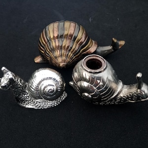 Vintage-Schneckenfiguren aus Metall. Antik. Zahnstocherhalter, Vase, Kerzenhalter. De Bussy, 925er Silber, Messing. Für Sammler und Liebhaber von Schnecken.
