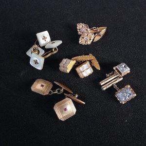 Vintage gold tone cufflinks, antique, costume jewelry, historical reenactment, steampunk, cosplay. Imitation mother of pearl. Jewelry.