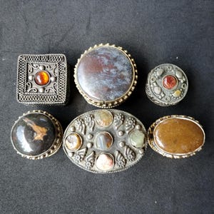 Vintage ethnic style boxes metal and stone. Small antique pill box. Decorative boxes, miniature jewelry box. Trinket tiny box, stone Asia