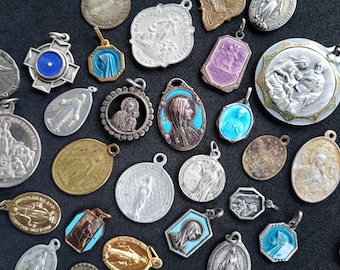 Old and vintage Spanish French metal with blue purple enamel religious medals Virgin Lourdes XIX early XX pendant catholic necklace