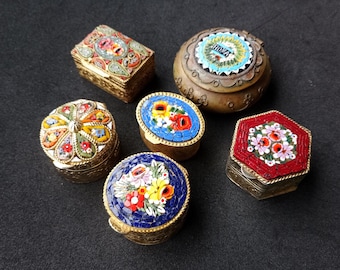 Vintage micromosaic flower Italian pill box or trinket box, glass mosaic, micro mosaic, from Italy. Hexagon hexagonal shape Collection