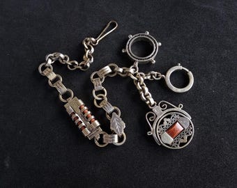 Antique Jakob Bengel watch chain with charms and stone vintage early XX 20th century, leontine, fob Germany