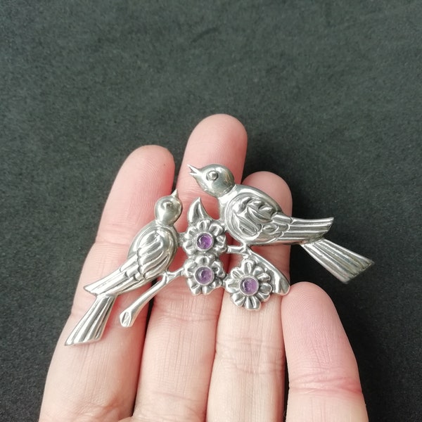 Broche PARRA originale. Bijoux vintage en argent 925 du Mexique. Broche oiseaux et améthyste. Argent sterling mexicain, cadeau avec âme