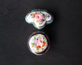 ヴィンテージ リモージュ磁器 蓋付き 小型 コバルトブルー 花柄と金色