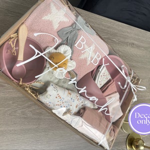 Pode incluir: Uma caixa de presente cheia de artigos para bebés, incluindo um cobertor rosa, uma colher de madeira, uma tigela de silicone rosa, um mordedor de silicone rosa, um babador com padrão floral e um brinquedo de pelúcia. A caixa é decorada com um adesivo de vinil branco que diz "Baby Hannah".