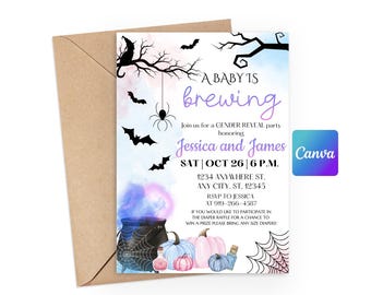 Halloween Gender Reveal Einladungsvorlage, Gender Reveal Canva Template, Canvas Vorlagen, Custom Gender Reveal Einladung