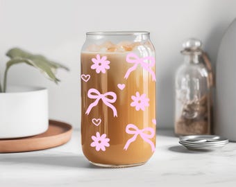Coquette Bows and Flowers Glass, Flowers Glass, Bow Glass, Light Pink Bow Glass, Trendy Bow Glass, Bow Glasses, Trendy Glasses