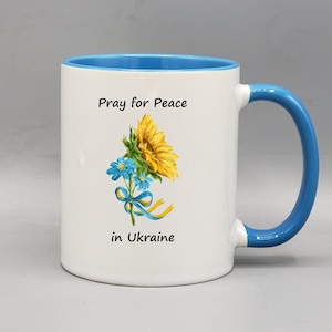 Pray for Peace in Ukraine custom printed 11 ounce ceramic coffee mug - Ukraine sunflower, stand with Ukraine,