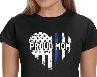 Proud Police Mom Ladies Softstyle Fitted Thin Blue Line Flag Heart T-Shirt - deputy mom, law enforcement mom, sheriff mom, officer mom