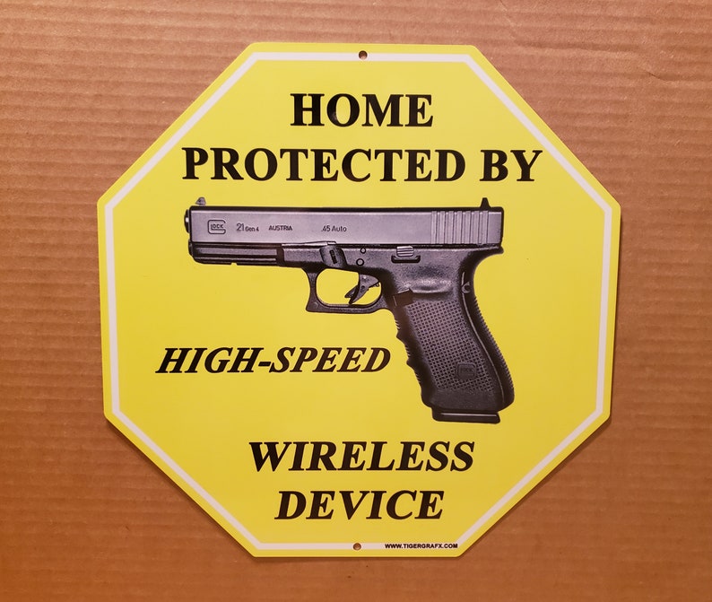 thumbnail image 2 of Gun USA Sign: 'Property Protected By High Speed Wireless Device' – 8x12 Inch Metal Rectangle – Warning Sign 2 of 5