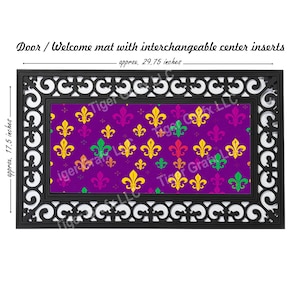 May include: A black doormat with a white border and a purple center featuring a repeating pattern of yellow, red, and green fleur-de-lis. The mat measures approximately 29.75 inches by 17.5 inches.
