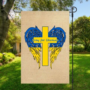 Pray for Ukraine cross - 12x18 inch faux burlap garden flag,  Ukraine flag, Ukraine house flag - support for Ukraine, yard sign GF-044