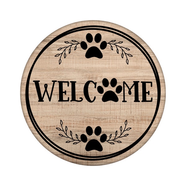 Paw Print Welcome Sign - round metal wreath sign