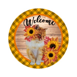 Cat with Sunflowers Welcome Sign - indoor/outdoor aluminum - Door hanger sign, wall sign, wreath sign, metal sign, Fall decor, Autumn WS-040