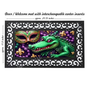 May include: A doormat with a black frame and a purple, green, and gold design featuring a cartoon alligator wearing a Mardi Gras mask. The mat measures approximately 29.75 inches by 17.5 inches.