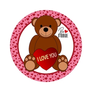 Cute Teddy Bear - Valentine's Welcome Door Hanger round wood sign WS-393W