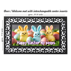 May include: A black doormat with a white border and a decorative design. The center of the mat features a colorful image of three pastel-colored Easter bunnies surrounded by Easter eggs. The text "Happy Easter my peeps" is written in purple letters.