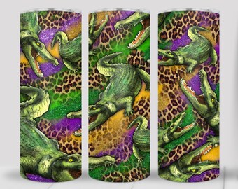 Mardi Gras colors Alligators and Leopard print - 20oz Skinny Tumbler ST-238