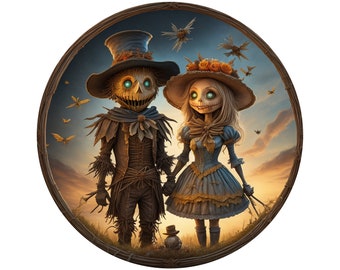May include: A round, wooden frame with a whimsical illustration of a scarecrow and a doll. The scarecrow is wearing a brown hat and a brown and tan outfit. The doll is wearing a blue dress with a white collar and a floral headband. The background is a sunset sky with flying butterflies.