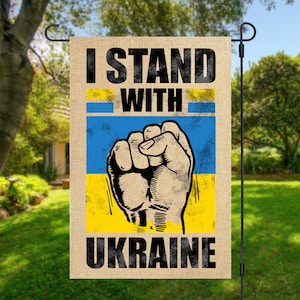 Stand with Ukraine - 12x18 inch faux burlap garden flag, Ukraine house flag, Ukraine yard sign - support for Ukraine, Ukraine flag GF-037
