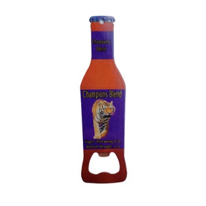 Champions Blend custom printed tiger brewing stainless steel bottle shaped bottle opener.