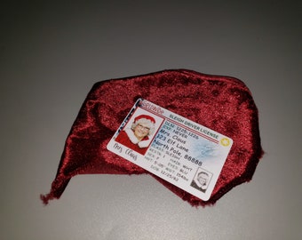 Mrs. Claus sleigh drivers license and red velvet fabric - Christmas morning surprise, Christmas spirit, Holiday joy, Children