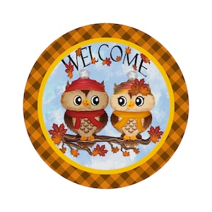 Owl Family Welcome Sign - indoor/outdoor aluminum - Door hanger sign, wall sign, wreath sign, metal sign, Fall decor, Autumn, farm WS-044