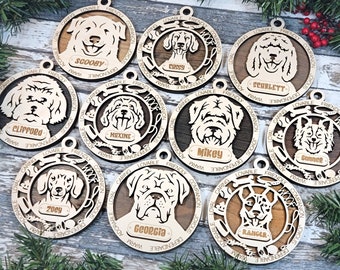 Dog ornaments - 50 breeds available - Custom Personalized laser cut and engraved wood