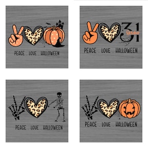 Könnte beinhalten: Vier digitale Illustrationen mit einem Peace-Zeichen, einem Herzen mit Leopardenmuster und einem Halloween-Motiv. Die Bilder zeigen einen Kürbis, ein Skelett und den Text "Peace Love Halloween".