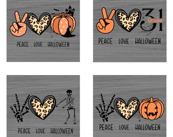 SET OF 4 - High gloss Halloween theme ceramic tile coasters - Peace, Love, Halloween party, Pumpkin, Skeleton, Leopard Heart, Jack-O-Lantern