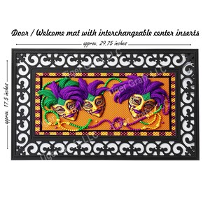 May include: A black doormat with a decorative border and a center insert featuring three purple, green, and gold Mardi Gras masks on an orange background. The doormat measures approximately 29.75 inches by 17.5 inches.