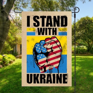 Stand with Ukraine - 12x18 inch faux burlap garden flag, Ukraine house flag, Ukraine yard sign - support for Ukraine, Ukraine flag GF-023