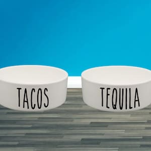 Tacos and Tequila custom printed ceramic Dog or Cat pet bowls - several font styles and font colors available - pet lover, fur baby