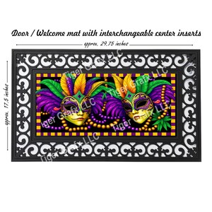 May include: A black doormat with a decorative border and a center insert featuring two purple, green, and gold Mardi Gras masks. The doormat measures approximately 29.75 inches by 17.5 inches.