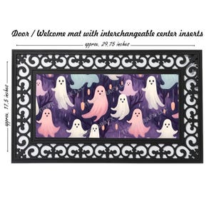 May include: A black doormat with a white border and a repeating pattern of black swirls. The center of the mat features a purple background with white and pink ghosts. The mat measures approximately 29.75 inches wide and 17.5 inches high.