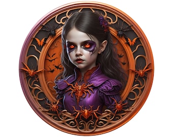 May include: A young girl with dark hair and orange eyes wears a purple dress with a spider brooch. The background is a circular frame with an ornate design and orange butterflies and spiders.