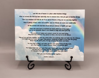 Rainbow bridge pet memorial ceramic tile with metal display stand - fur baby beloved pet puppy dog animal lover cremated pet cat kitten