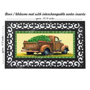 May include: A brown pickup truck with a wooden bed filled with green shamrocks. The truck is on a welcome mat with a black and white patterned border. The mat is 29.75 inches wide and 17.5 inches tall.