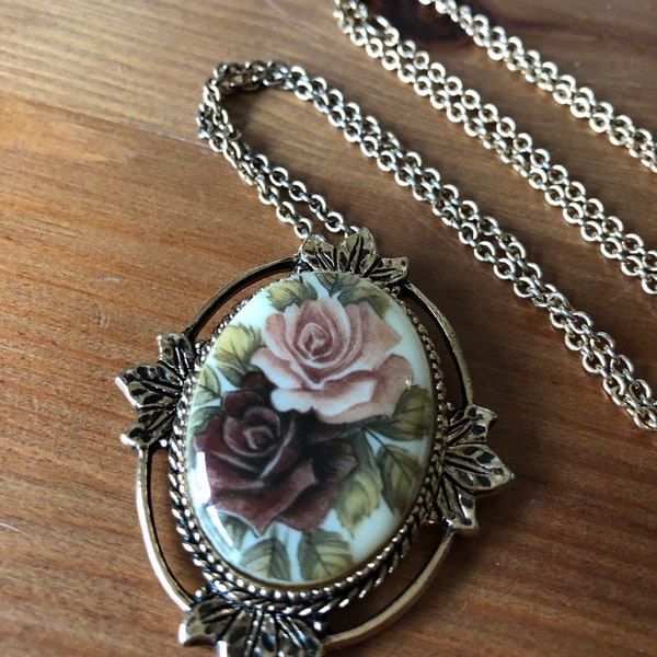 1950s Signed Sarah Coventry Pendant Necklace Gold Rose Pendant with a Pink and Red Rose Cameo