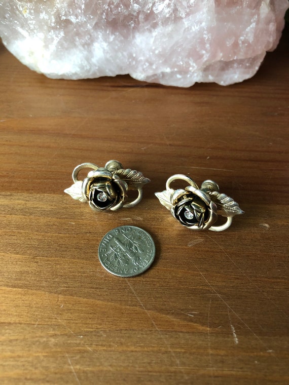 1940s 50s Vintage Rose Earrings with White Rhines… - image 1