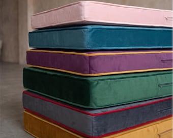 Custom Velvet bench cushion with foam, contrast piping, 2–5 in thick , 500+ colors