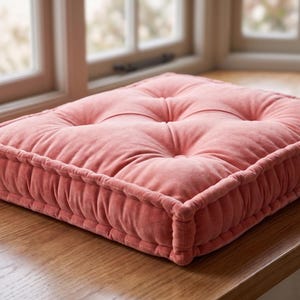 Peut inclure: Un coussin de sol carré de couleur rose corail uni. Le coussin présente une surface supérieure capitonnée avec quatre indentations distinctes créées par des boutons en tissu et possède un bord passepoilé épais qui définit sa forme structurée.