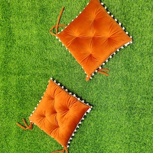Decorative Cushions,  Chair cushions, Cushion, pompom cushions, chair pad, seat pad, cushion for chair, velvet cushions with pompoms