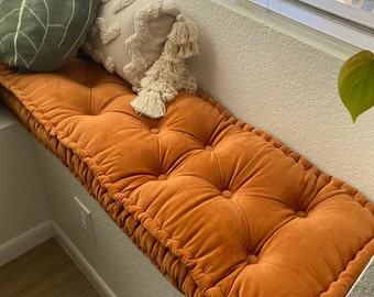 Salmon coloured cotton and linen sofa cushions, extra thick cushions, bench cushions, available in a wide range of colours, sofa cushions.