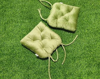 Velvet Chair Cushion with Ties, Tufted Seat Pad, Custom Size