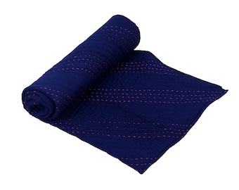 Blue Kantha washable Quilt, Cotton Kantha Quilt, Handmade Quilt, Natural Blue Kantha Blanket Throw, Queen Size Hand Stitched Quilt