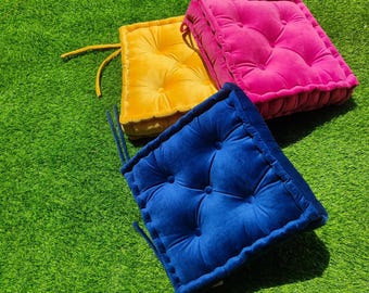 Custom Tufted Velvet Chair Pad, Floor Cushion with Ties